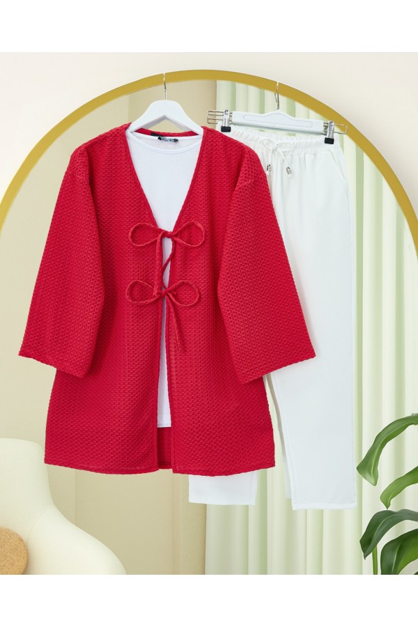 Önü Çift Bağcıklı Petek Desen Kimono -Kırmızı