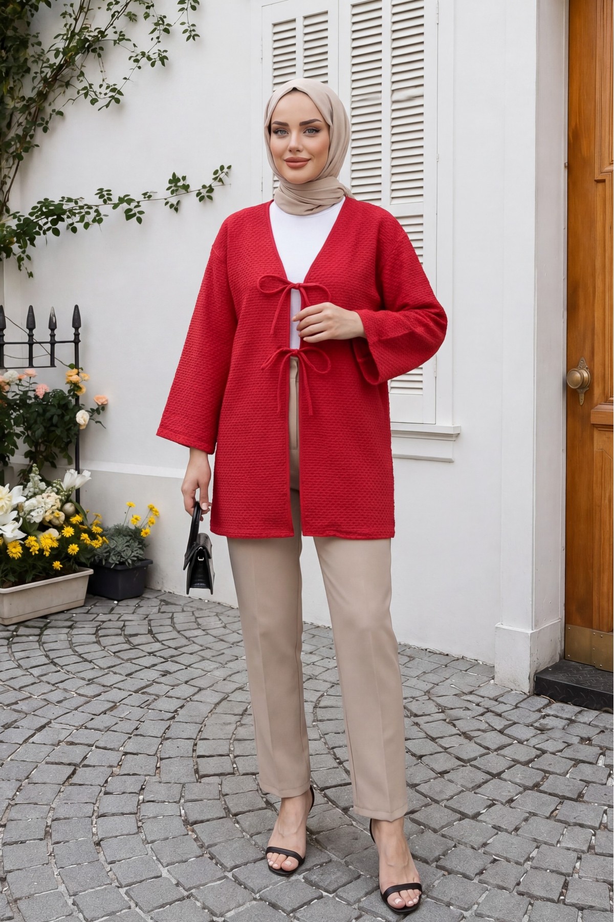Honeycomb Pattern Kimono with Double Lace Front -Red