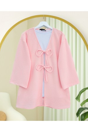 Honeycomb Pattern Kimono with Double Lace Front -Pink
