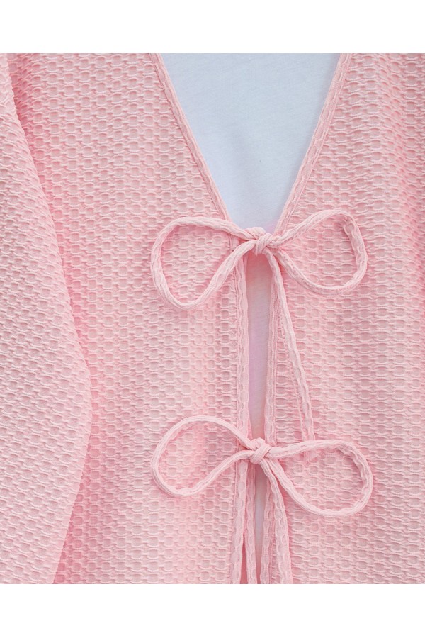 Önü Çift Bağcıklı Petek Desen Kimono -Pembe