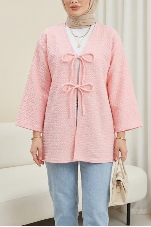 Önü Çift Bağcıklı Petek Desen Kimono -Pembe