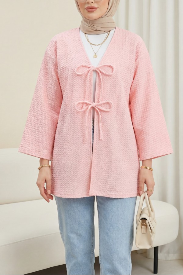 Önü Çift Bağcıklı Petek Desen Kimono -Pembe