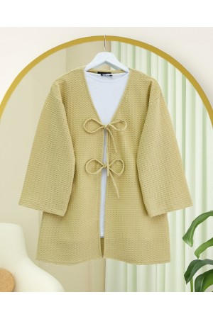 Honeycomb Pattern Kimono with Double Lace Front -Oil Green