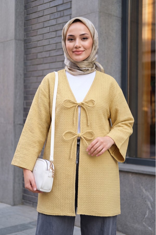 Önü Çift Bağcıklı Petek Desen Kimono -Yağ Yeşili
