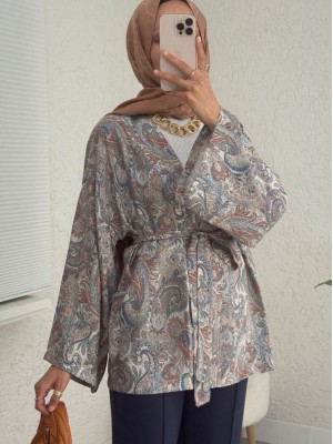 Ethnic Patterned Laced Kimono - Light grey