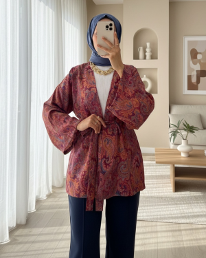 Etnik Desenli Bağcıklı Kimono -Bordo