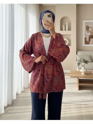 Etnik Desenli Bağcıklı Kimono -Bordo