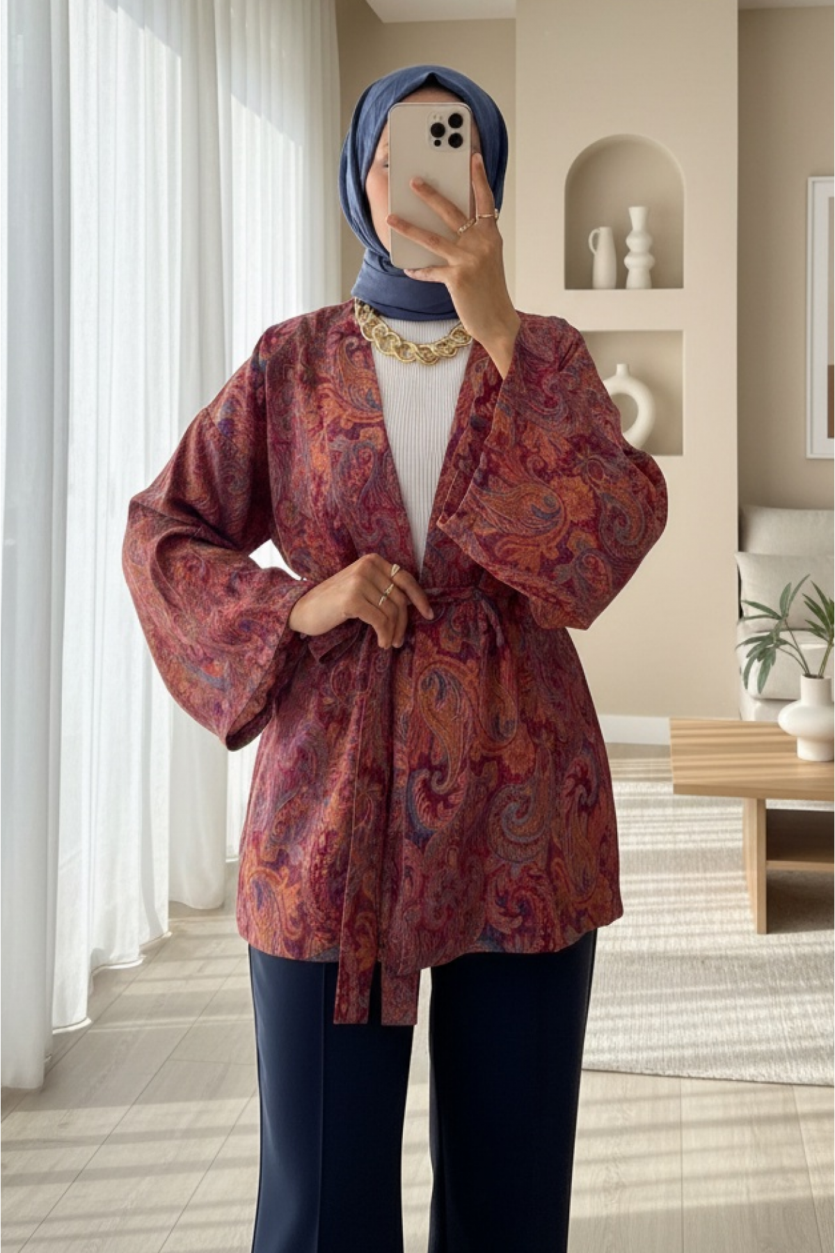 Etnik Desenli Bağcıklı Kimono -Bordo