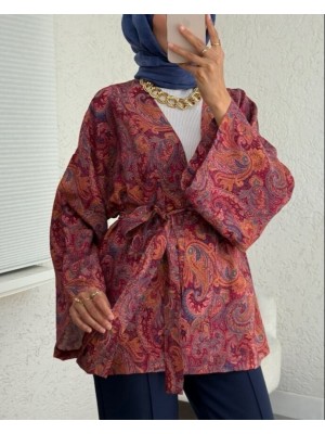 Etnik Desenli Bağcıklı Kimono -Bordo
