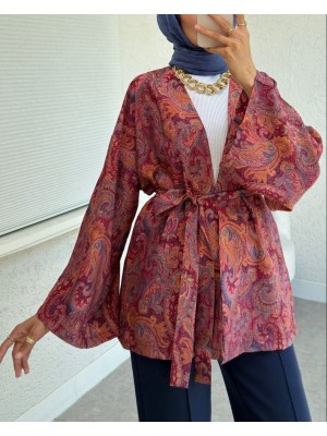 Etnik Desenli Bağcıklı Kimono -Bordo