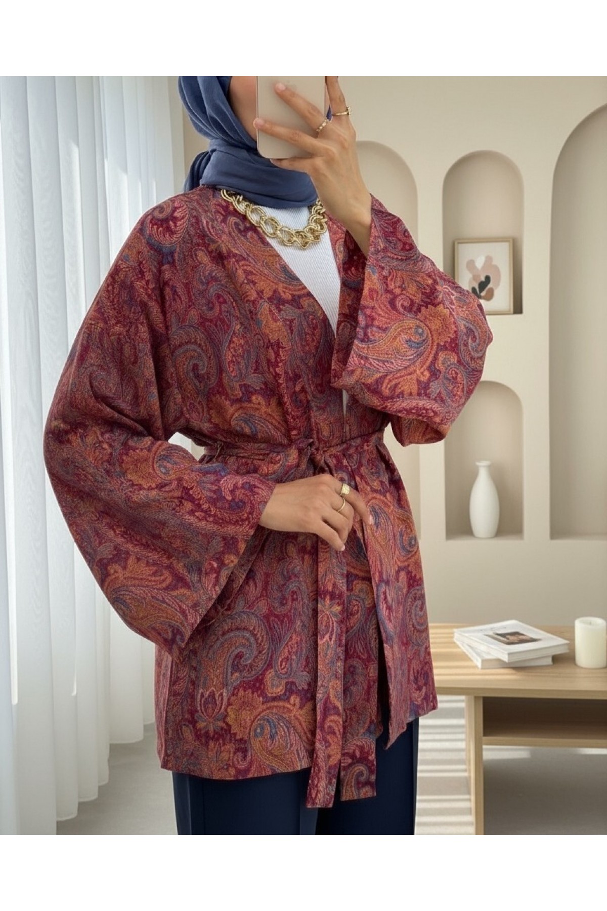 Etnik Desenli Bağcıklı Kimono -Bordo