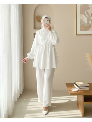 Kolu Lastikli İp Bağcıklı Müslin Takım -Beyaz