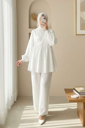 Kolu Lastikli İp Bağcıklı Müslin Takım -Beyaz