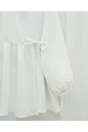 Kolu Lastikli İp Bağcıklı Müslin Takım -Beyaz