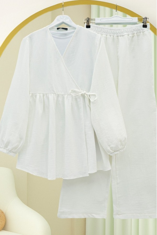 Elasticated Sleeves and Rope Tie Muslin Set -White