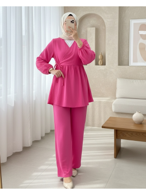 Kolu Lastikli İp Bağcıklı Müslin Takım -Fuşya