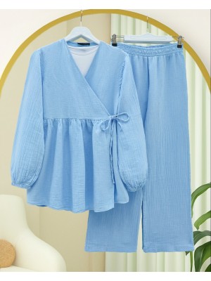Kolu Lastikli İp Bağcıklı Müslin Takım -Mavi