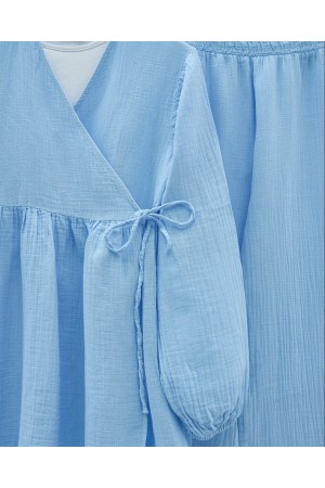 Kolu Lastikli İp Bağcıklı Müslin Takım -Mavi
