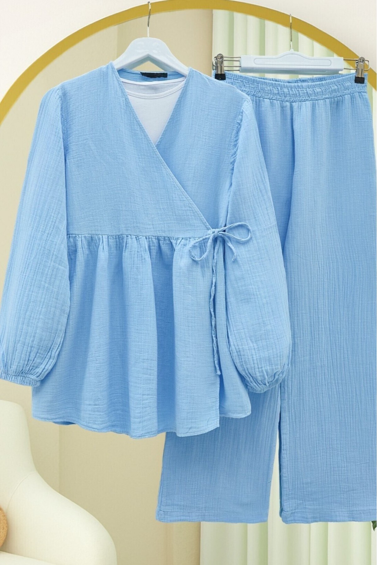 Elasticated Sleeves and Rope Tie Muslin Set -Blue