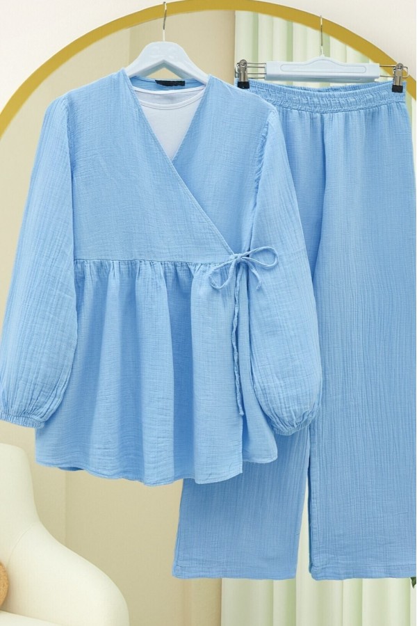 Elasticated Sleeves and Rope Tie Muslin Set -Blue