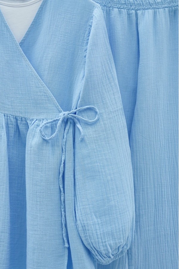 Elasticated Sleeves and Rope Tie Muslin Set -Blue
