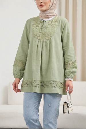 Dantel Detaylı Yakası Bağlamalı Kolu Lastikli Gömlek  -Çağla Y.