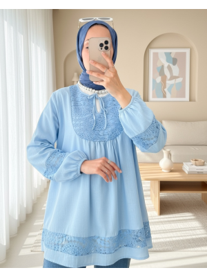 Dantel Detaylı Yakası Bağlamalı Kolu Lastikli Gömlek  -Mavi