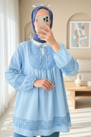 Dantel Detaylı Yakası Bağlamalı Kolu Lastikli Gömlek  -Mavi