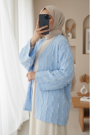 Saçaklı Tek Düğmeli Kare Desenli Kimono -Bebe Mavi