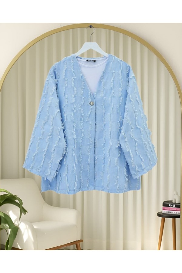 Saçaklı Tek Düğmeli Kare Desenli Kimono -Bebe Mavi