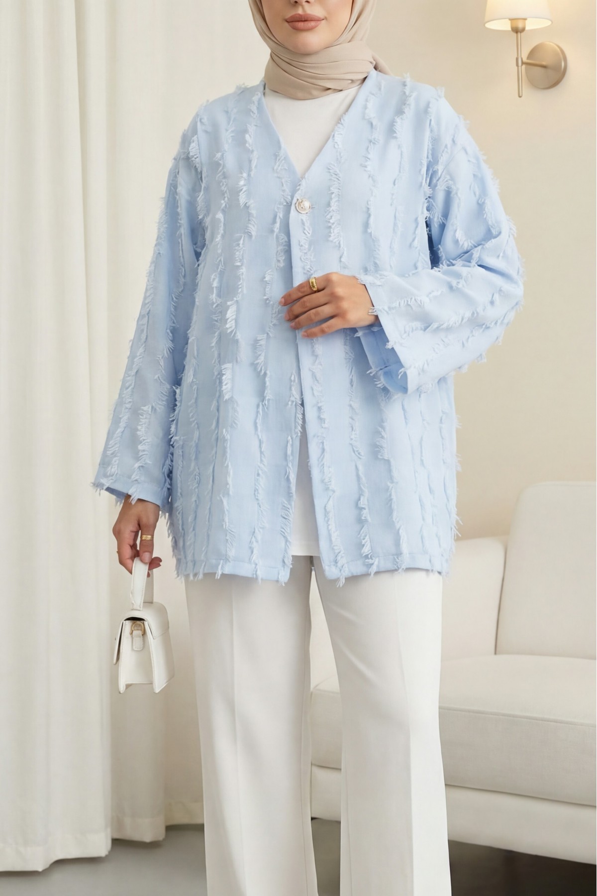 Fringed Single Button Square Patterned Kimono -Baby Blue