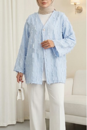 Saçaklı Tek Düğmeli Kare Desenli Kimono -Bebe Mavi