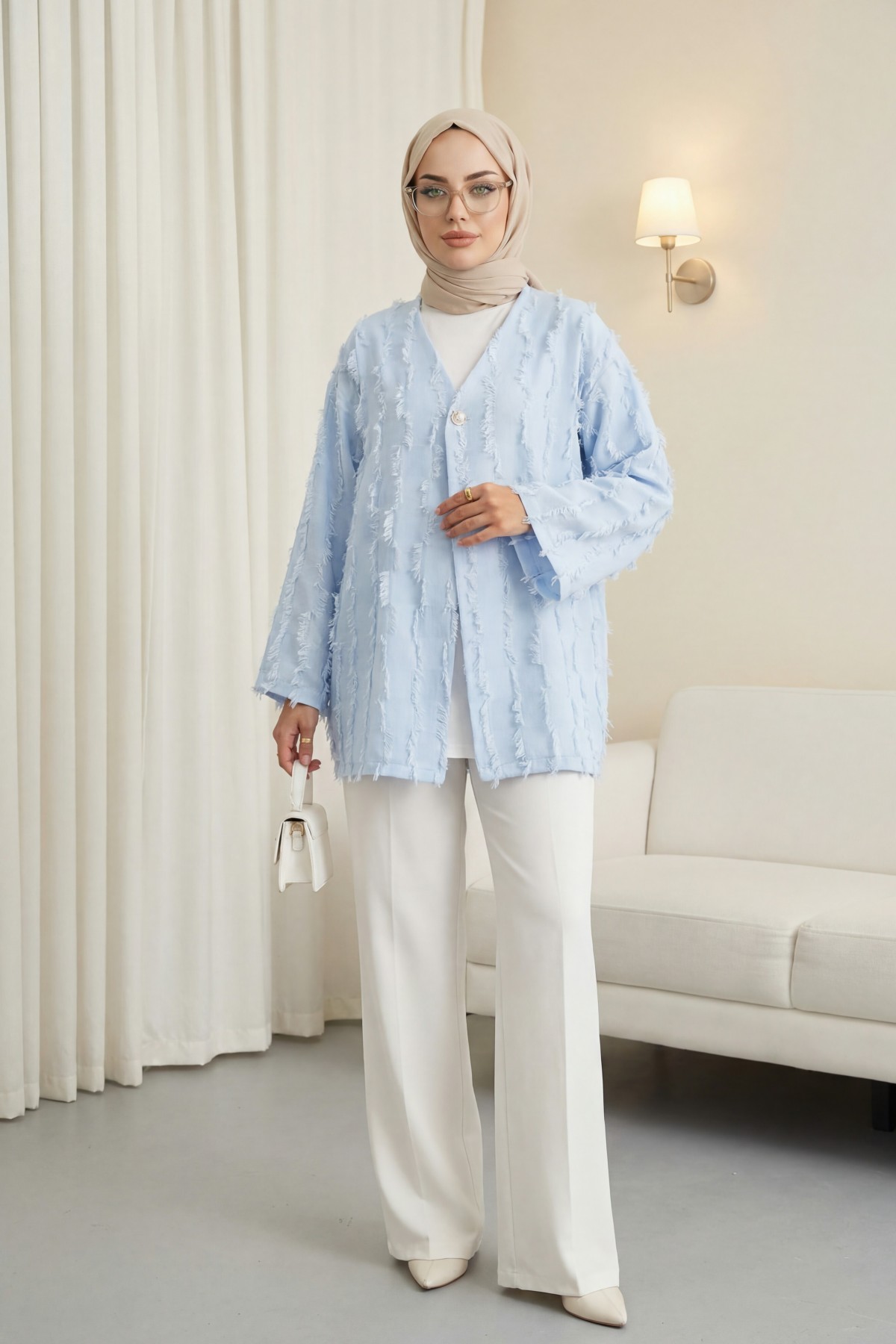 Fringed Single Button Square Patterned Kimono -Baby Blue
