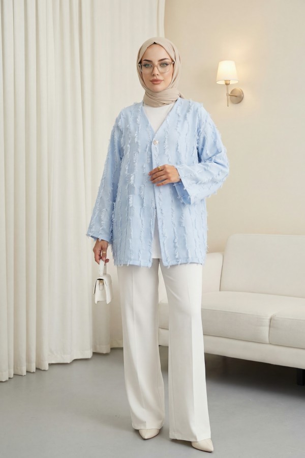 Saçaklı Tek Düğmeli Kare Desenli Kimono -Bebe Mavi