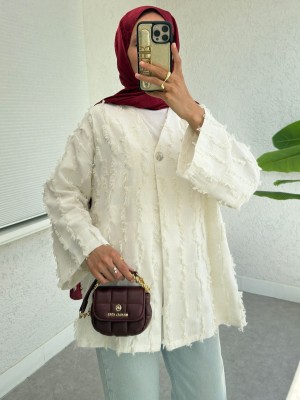 Fringed Single Button Square Patterned Kimona -White