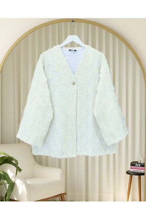 Saçaklı Tek Düğmeli Kare Desenli Kimono -Beyaz