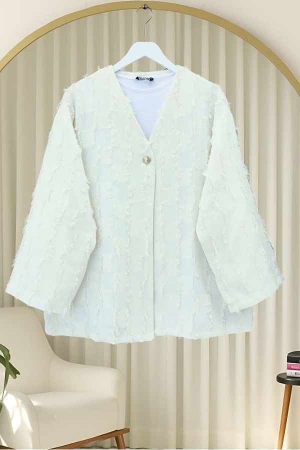 Saçaklı Tek Düğmeli Kare Desenli Kimono -Beyaz