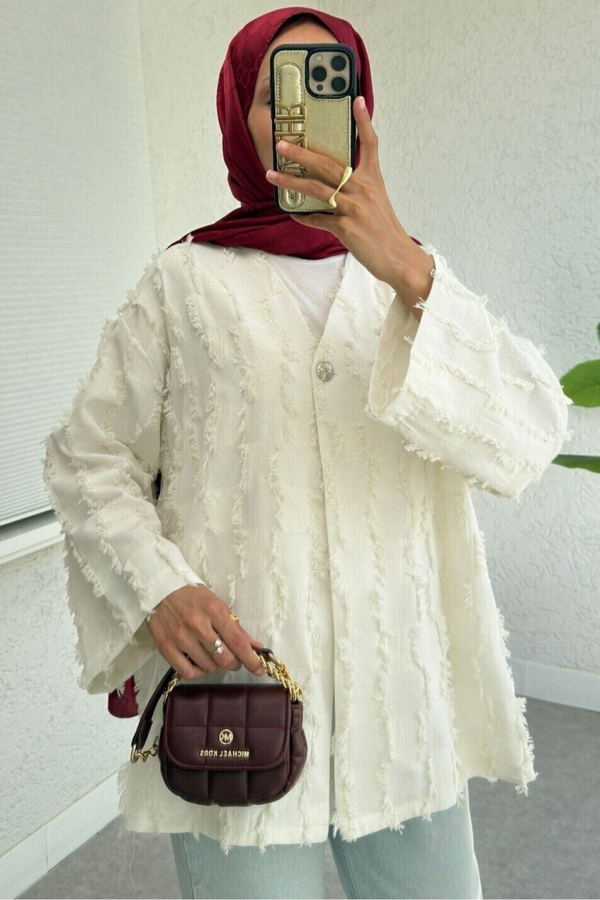 Saçaklı Tek Düğmeli Kare Desenli Kimono -Beyaz