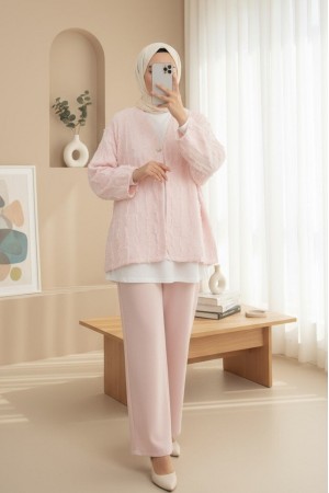 Saçaklı Tek Düğmeli Kare Desenli Kimono -Pudra