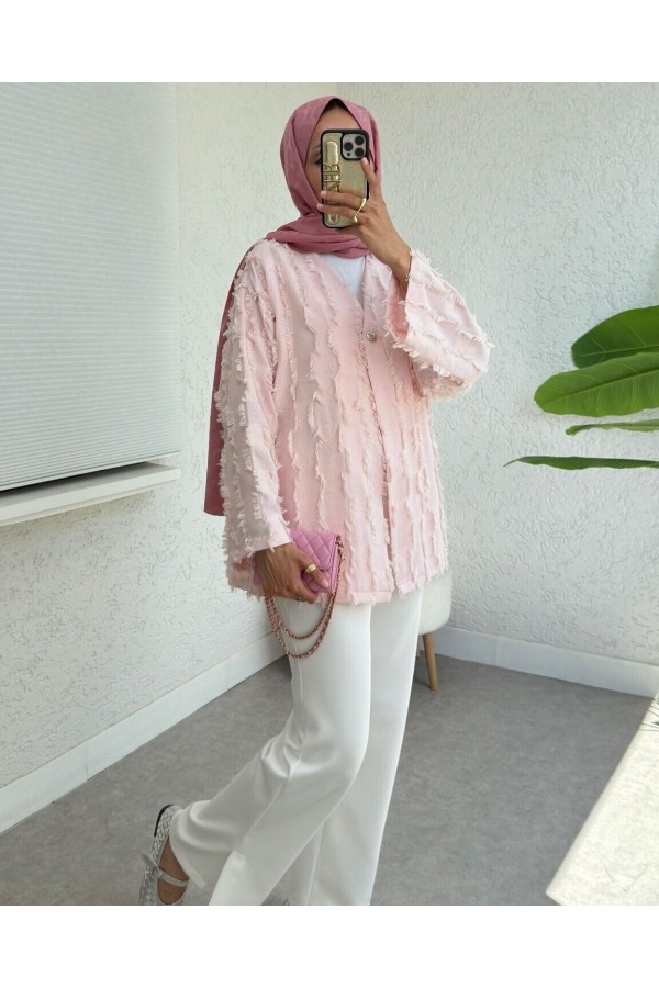 Saçaklı Tek Düğmeli Kare Desenli Kimono -Pudra