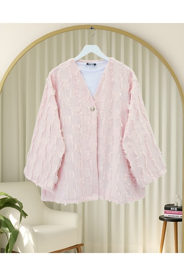 Saçaklı Tek Düğmeli Kare Desenli Kimono -Pudra