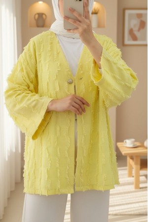 Saçaklı Tek Düğmeli Kare Desenli Kimono -Sarı