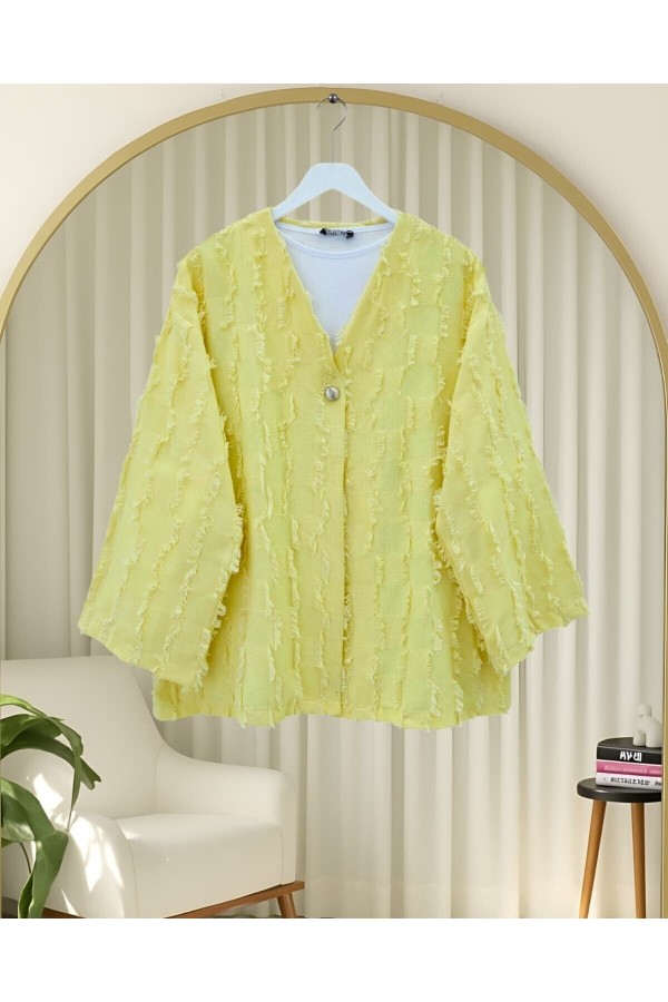Saçaklı Tek Düğmeli Kare Desenli Kimono -Sarı