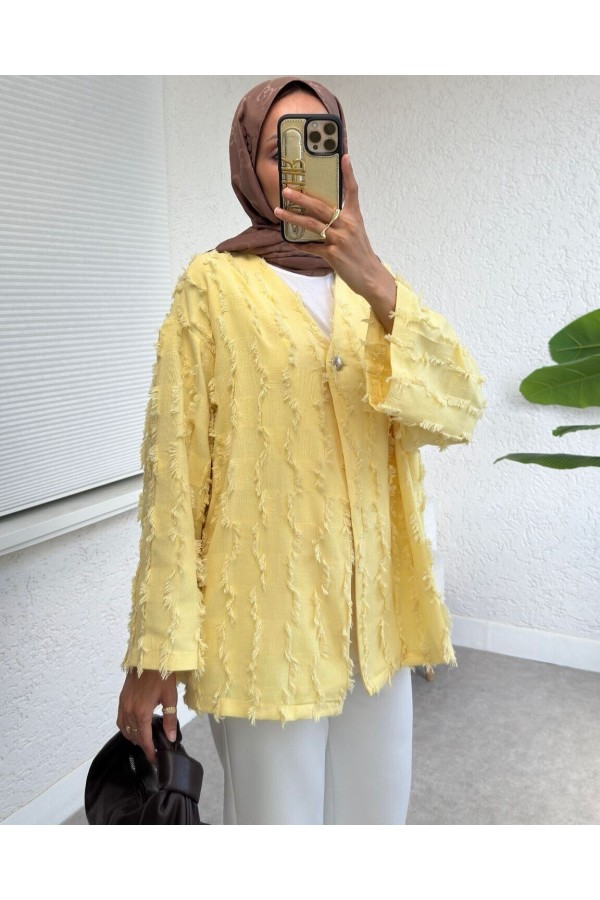 Saçaklı Tek Düğmeli Kare Desenli Kimono -Sarı