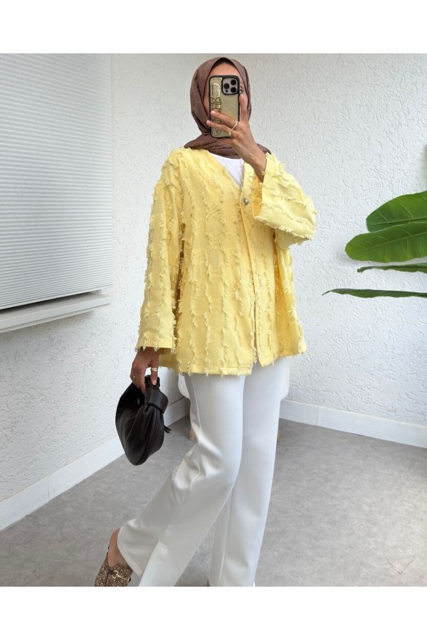 Saçaklı Tek Düğmeli Kare Desenli Kimono -Sarı