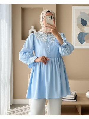 Kolu Lastikli Organze Bebe Yaka Yarım Düğmeli Tunik -Bebe Mavi