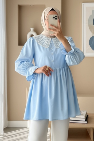 Kolu Lastikli Organze Bebe Yaka Yarım Düğmeli Tunik -Bebe Mavi