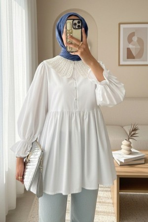 Kolu Lastikli Organze Bebe Yaka Yarım Düğmeli Tunik -Beyaz
