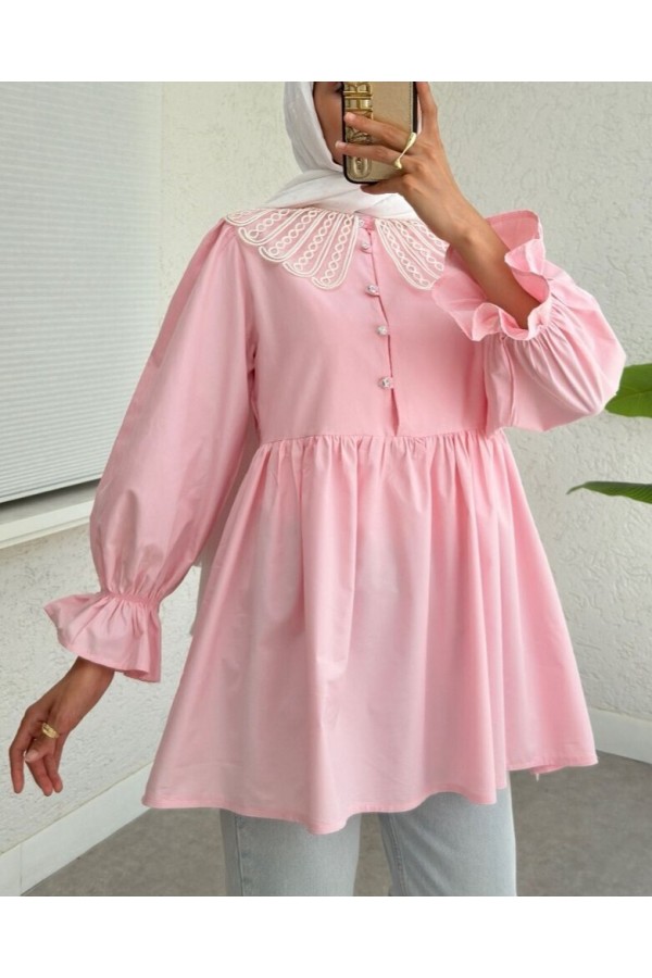Kolu Lastikli Organze Bebe Yaka Yarım Düğmeli Tunik -Pembe