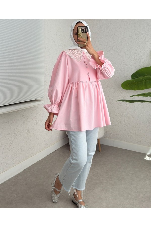 Kolu Lastikli Organze Bebe Yaka Yarım Düğmeli Tunik -Pembe